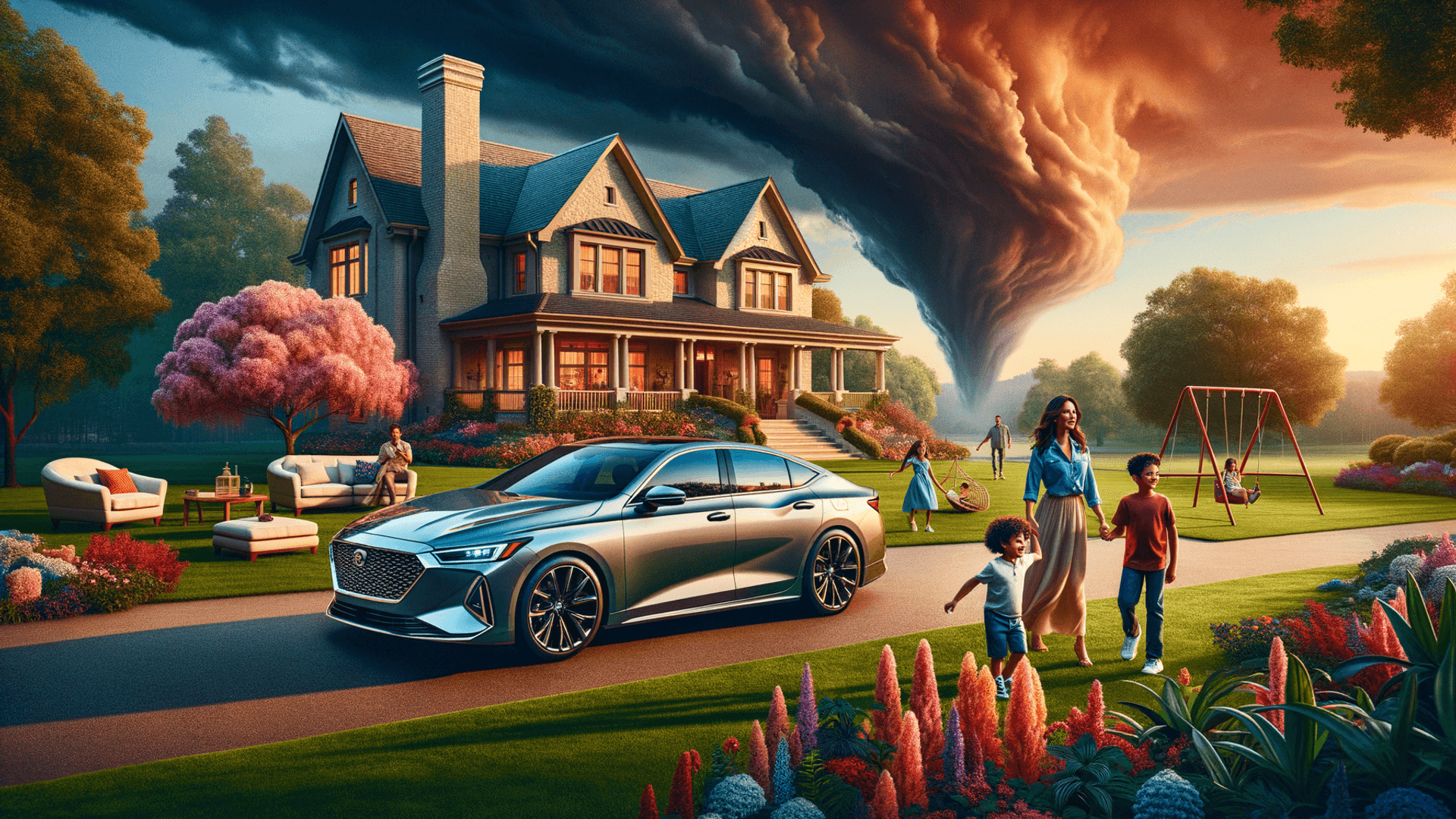 A beautiful car sits in front of a large home with a family playing... But  in the distance a storm is brewing that threatens to take it all away