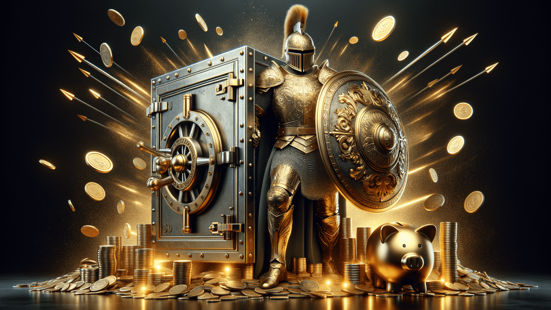 a knight in shining armor stands in front of a vault and a fortune he is protecting to symbolize asset protection